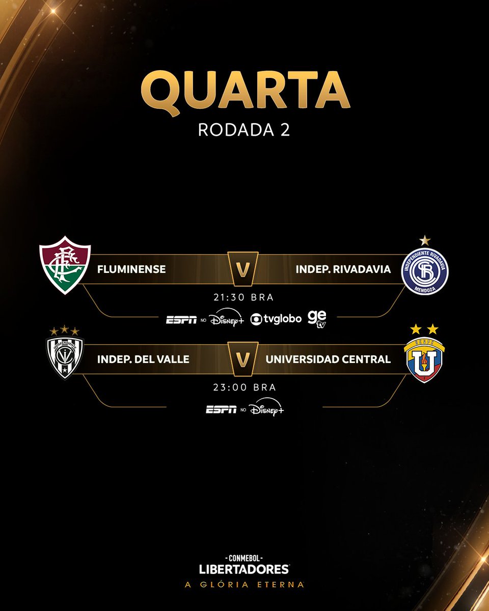 😎 Bora para a segunda rodada! 

🇧🇷 Dia de <a href="/Cruzeiro/">Cruzeiro 🦊</a>, <a href="/Corinthians/">Corinthians</a> e <a href="/FluminenseFC/">Fluminense F.C.</a> representarem os brasileiros na CONMEBOL #Libertadores.