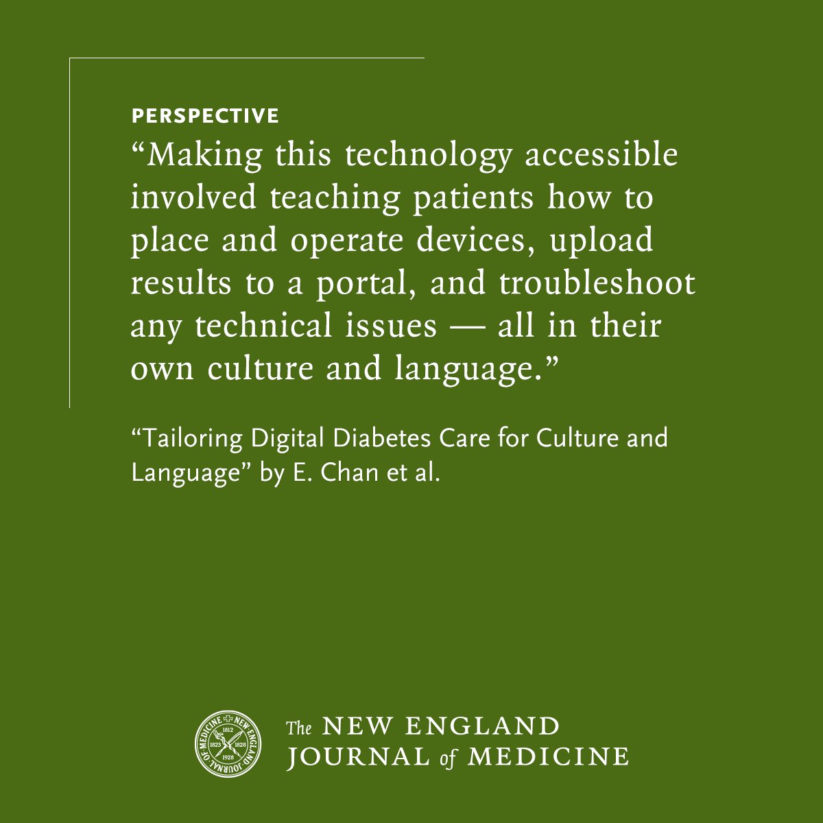NEJM's tweet image. Efforts toward Equity by E. Chan et al.: Tailoring Digital Diabetes Care for Culture and Language nejm.org/doi/full/10.10…

#MedicalPractice #PublicHealth