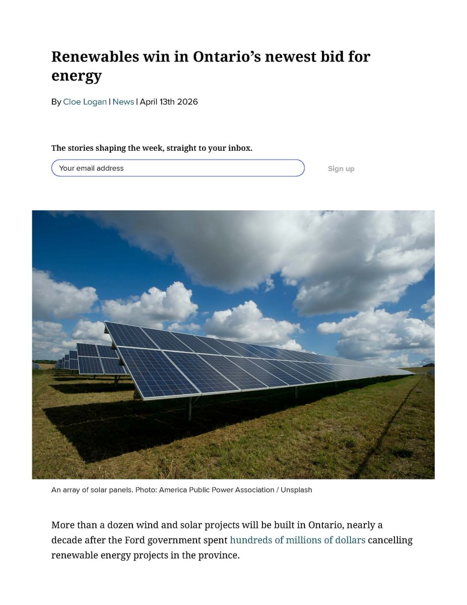 Pembina's tweet image. Ontario's latest round of energy contracts proves what is already known: renewables are more cost-competitive than fossil fuels.

#Wind and #solar won all 14 contracts to produce electricity! 💨☀️ #onpoli
