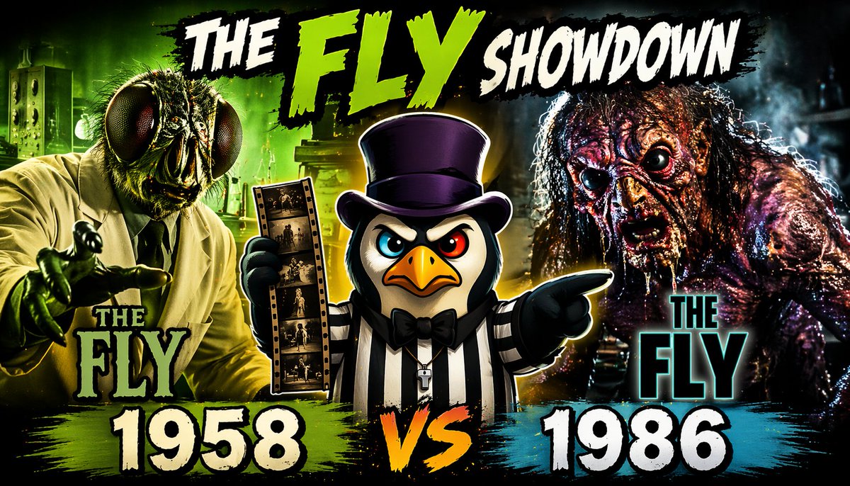 PenguinSadistic's tweet photo. Yumper &amp; Cotton are BACK breaking down  The Fly (1958) vs The Fly (1986)Classic sci-fi horror vs full-blown body horror. Which one holds up? Which one hits harder? Watch now 👇 
https://t.co/oOBpHtetIK #TheFly #FrameToFrame #HorrorMovies #FilmTwitter https://t.co/raROyqKBkC