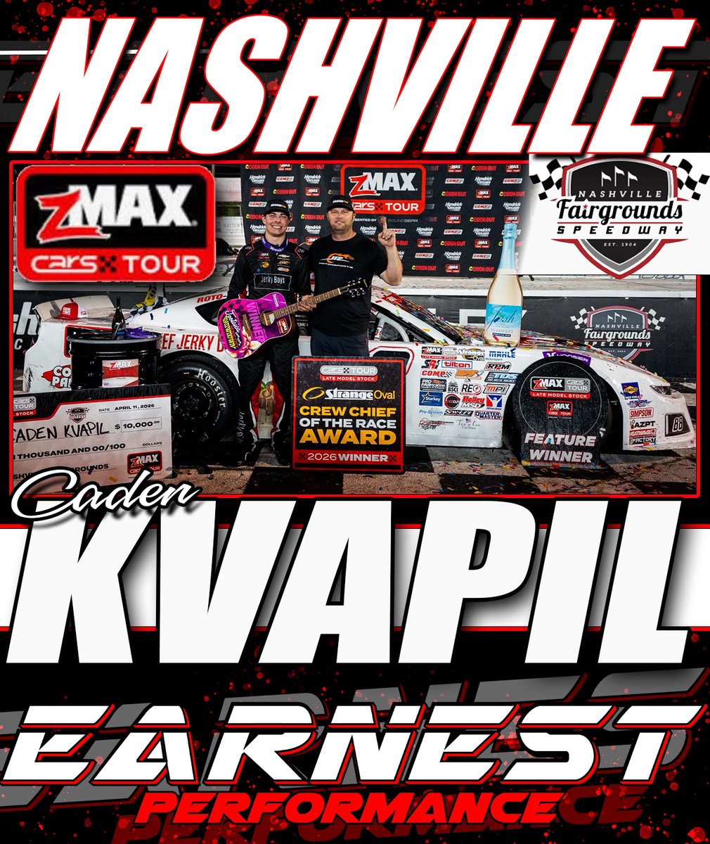 EarnestPerform's tweet photo. 🎸 N A S H V I L L E 🎸
Congratulations to Caden Kvapil &amp; JR Motorsports on their CARS Tour LMSC win at Nashville Fairgrounds Speedway. 

Let us know if we can help you roll those corners a bit smoother. (704) 654-1492. 

#earneditwithearnest x JRi Shocks https://t.co/qgSnIPiFfw