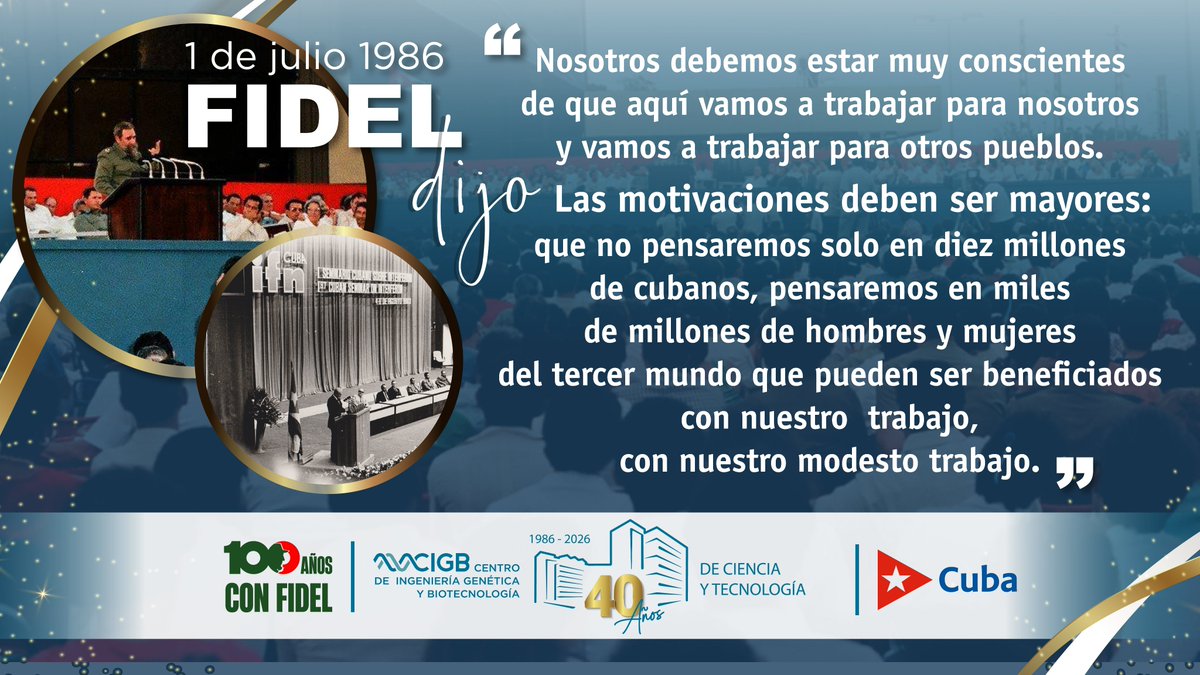 Recordamos estas palabras de #Fidel, el #1dejuliode1986, durante la inauguración del
@CIGB reafirmando nuestro compromiso por seguir investigando y desarrollando la biotecnología al servicio de Cuba y el mundo. #CIGB40Años #100AñosConFidel #CienciaCubana #SiemprePorLaVida