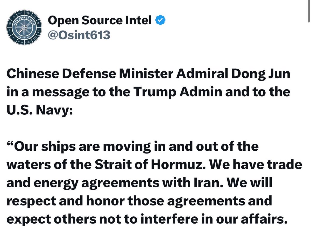 FLXIntel's tweet photo. IMPORTANT CORRECTION 🔴

The China defense minister quote on Hormuz, I verified it but the underlying source was bad. It’s unverified. Pulled. https://t.co/KItxbSUOs6