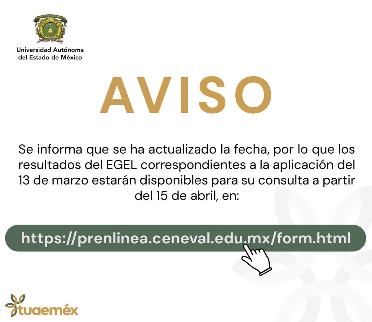 DEP_UAEM's tweet photo. AVISO

CAMBIO DE FECHA RESULTADOS- EGEL de la aplicación del 13 de marzo

https://t.co/aPxnPDTsEG https://t.co/bdk060rPKN