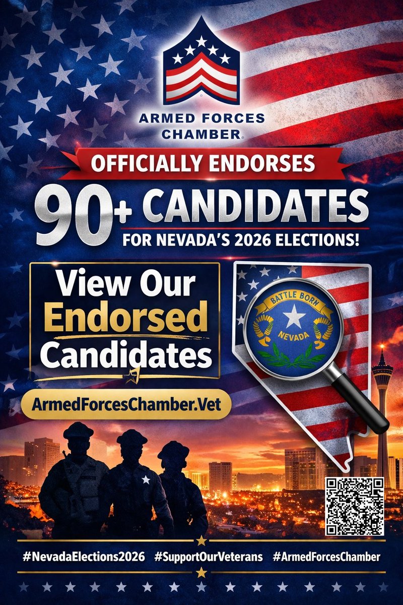 The Armed Forces Chamber has officially endorsed 90+ candidates for Nevada’s 2026 election cycle! We are proud to support leaders who are committed to strengthening our communities. 
#ArmedForcesChamber #NevadaElections2026 #Endorsements #CommunityLeadership #SupportOurVeterans
