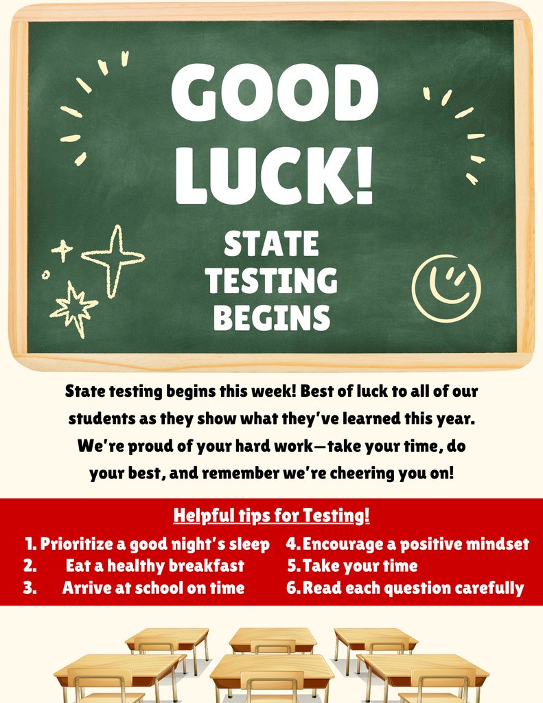 CLSD_Huskies's tweet photo. 📚 Good luck to our Huskies!

State testing starts tomorrow, and we know our students are ready to show what they’ve learned. Stay calm, do your best, and remember—you’ve got this! 💪🏼🐾

#GoHuskies #StateTesting https://t.co/GPmz3NFJSJ