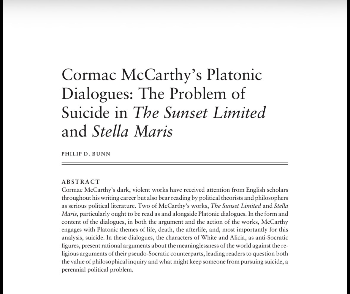 PhilipDBunn's tweet photo. New publication day 🥳🥳

Excited to share the fruit of much time reading Cormac McCarthy, aided by a couple productive conference presentations. McCarthy’s dialogues are fascinating and deserve better assessment than I can provide. I hope others will follow and surpass this. https://t.co/KunEZCf4Si