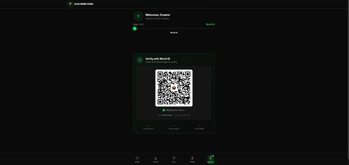 World ID 4.0 just landed on Slice Meme Forge — and yes, it works straight from your browser.

No friction. No excuses. Just connect, prove you’re human, and start forging.

🔥 Discover the best Slice memes
🛸 Climb the ranks
🏆 Earn your place in the Hall
Enter the forge: