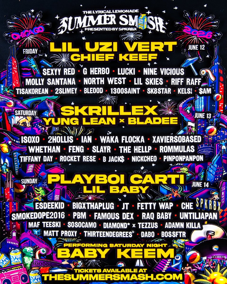 notbobbalam's tweet image. 16*29 will be headlining SUMMER SMASH 2026 🍋🔥

Lil Uzi Vert - Friday June 12th 

Playboi Carti - Sunday June 14th