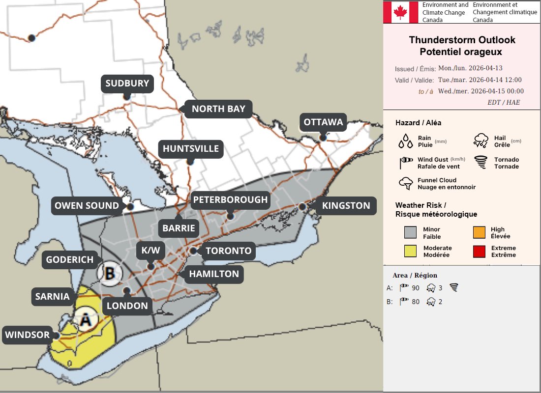 IWeatherON's tweet image. #ONStorm #ONwx 🌪️ Tornado Tuesday? Environment Canada Highlights Tornado Risk for Tuesday

Environment Canada has just released its updated thunderstorm outlook for Tuesday afternoon and evening, adding a tornado risk to some areas.

A ‘moderate’ risk zone has been outlined for