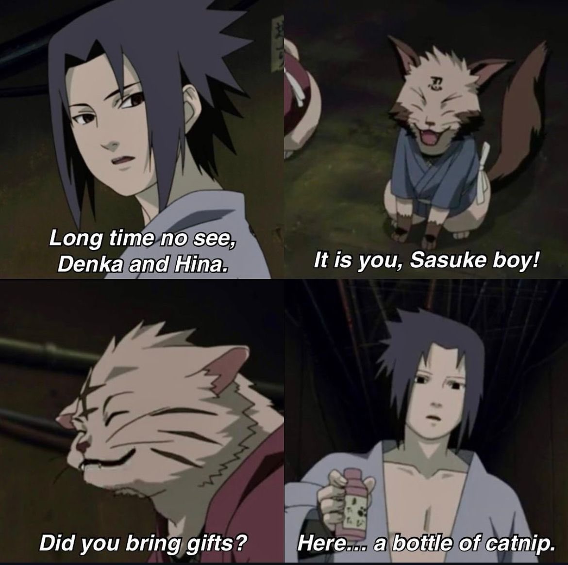NarutoVibe's tweet photo. Sasuke caring more about Cats than people is funny to me 💀 https://t.co/yeRBnQQFJR