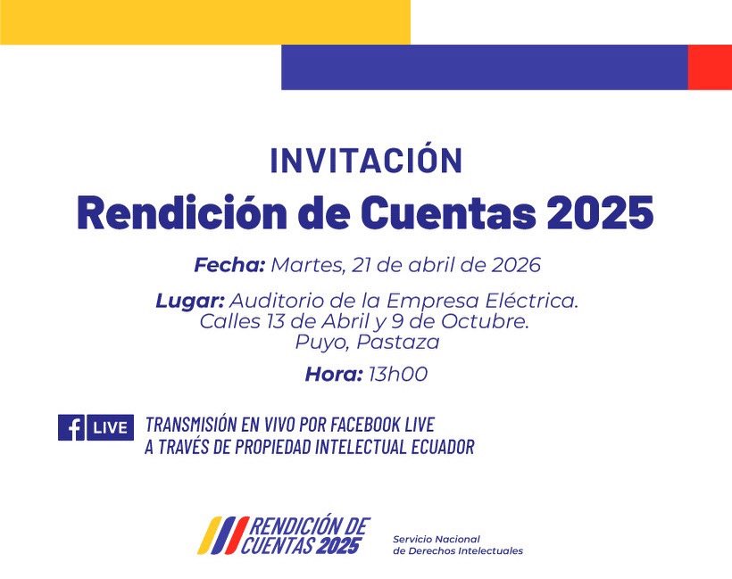 SENADI_Ecuador's tweet photo. 📢 El SENADI invita a la ciudadanía a la Rendición de Cuentas 2025

🗓️ 21 de abril de 2026
🕐 13:00
📍 Auditorio de la Empresa Eléctrica
Calles 13 de Abril y 9 de Octubre, Puyo - Pastaza

🎥 Transmisión en vivo por Facebook Live https://t.co/LEIiDkkL25