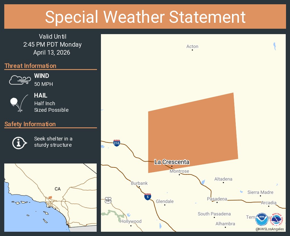 NWSLosAngeles's tweet photo. A special weather statement has been issued for La Crescenta CA until 2:45 PM PDT https://t.co/HEZrv3FCx0