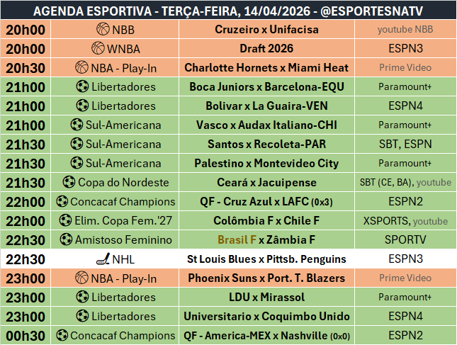 A agenda esportiva desta TERÇA-FEIRA (14/04/2026)