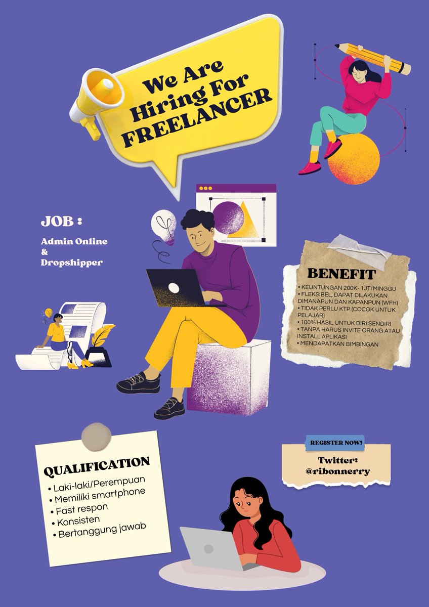 ribbonerry's tweet photo. OPEN JASA FREELANCE ‼️ 

[ Buka Lowongan Pekerjaan ]

Posisi yang dibutuhkan :
📌 Admin
📌 Dropshipper

Ket :
✅ Kerja online, WFH, jam kerja fleksibel
✅ Cocok buat pelajar yang lagi mencari jajan tambahan

💳 PENGHASILAN 200K - 1JT /MINGGU

#zonauang #freelance #zonabu https://t.co/bPWiVtbCm5