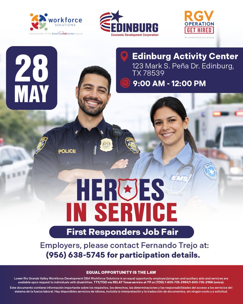 cityofedinburg's tweet photo. 🚨 Want to be a first responder? 🚑🚓🔥
Our Edinburg EDC is lending a helping hand by hosting a First Responder Job Fair on May 28th! 🙌
If you're ready to serve your community and build your future, this is your chance 💪✨
📅 Lock in that date — your future starts here! 🔒🚀 #EdinburgHelps