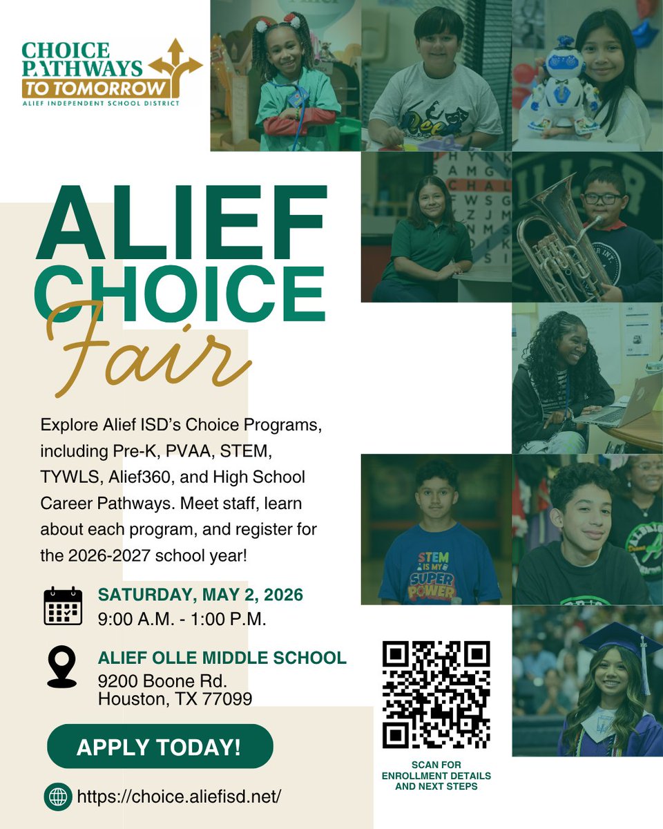 ReesStars's tweet image. Join us at the Alief ISD Choice Fair! 🎓✨
Explore Performing &amp;amp; Visual Arts Academies, STEM, Pre-K &amp;amp; more for 2026–2027!
📅 May 2 | ⏰ 9AM–1PM
📍 Alief Olle MS

Apply today: choice.aliefisd.net⁠
#AliefISD #SchoolChoice #EnrollNow #FutureReady #PVAA