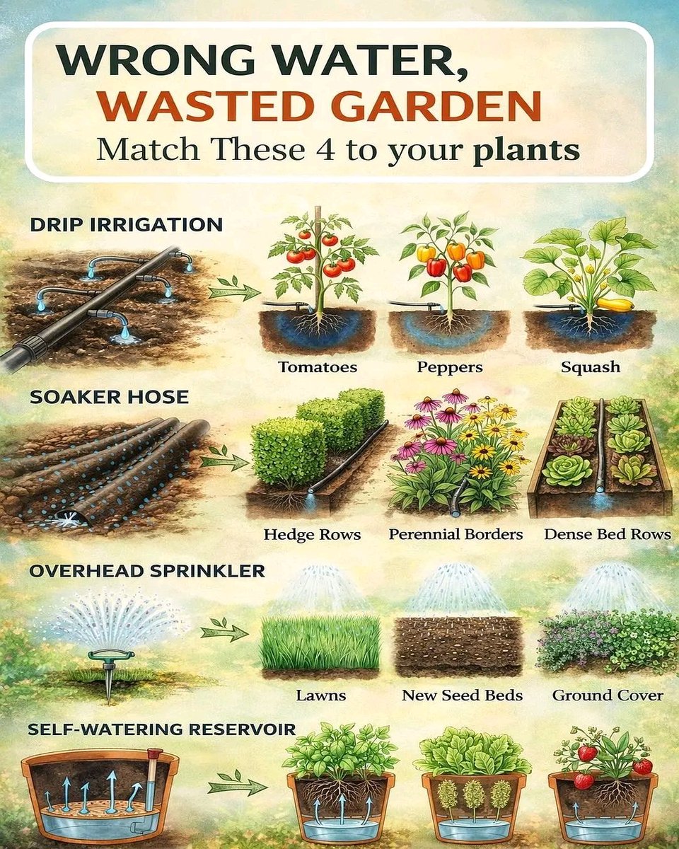 dufitalexis1's tweet image. You water your entire garden with one sprinkler and then wonder why your lettuce develops leaf disease while your tomatoes still struggle for deep moisture.

Every watering method targets a different part of the plant. Use the wrong one, and you either soak the leaves that should