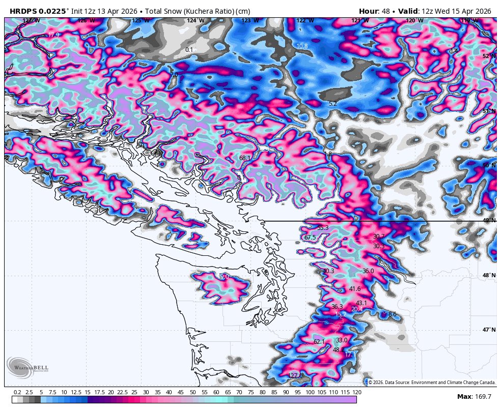 ElijahBman's tweet image. A Cold Trough EnRoute to the #PNW will deliver rain and mountain snow Tomorrow.
1-3” inches of (25-75mm) for the coastlines, less in shadowed areas such as the Puget sound, E Vanisle. 
2-4+ inches of precip over the mountains with ❄️snow level roughly 800metres (2500Ft) 
Areas