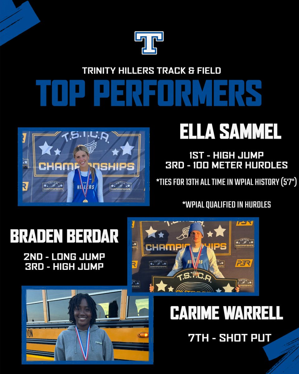 Trinity_Hillers's tweet photo. 🏃‍♂️🏃‍��️Track:

The Hillers at the TSTCA Championships:

- 14 PRs (boys)
- 18 PRs (girls)

Ella Sammel hits 5 feet 7 inches in the high jump to place 13th all-time in WPIAL history!

Braden Berdar places 2nd &amp; 3rd!

Carime Warrell takes 7th!

#itsagreatdaytobeahiller 🔵⚪️ https://t.co/UcXdRIX2oZ