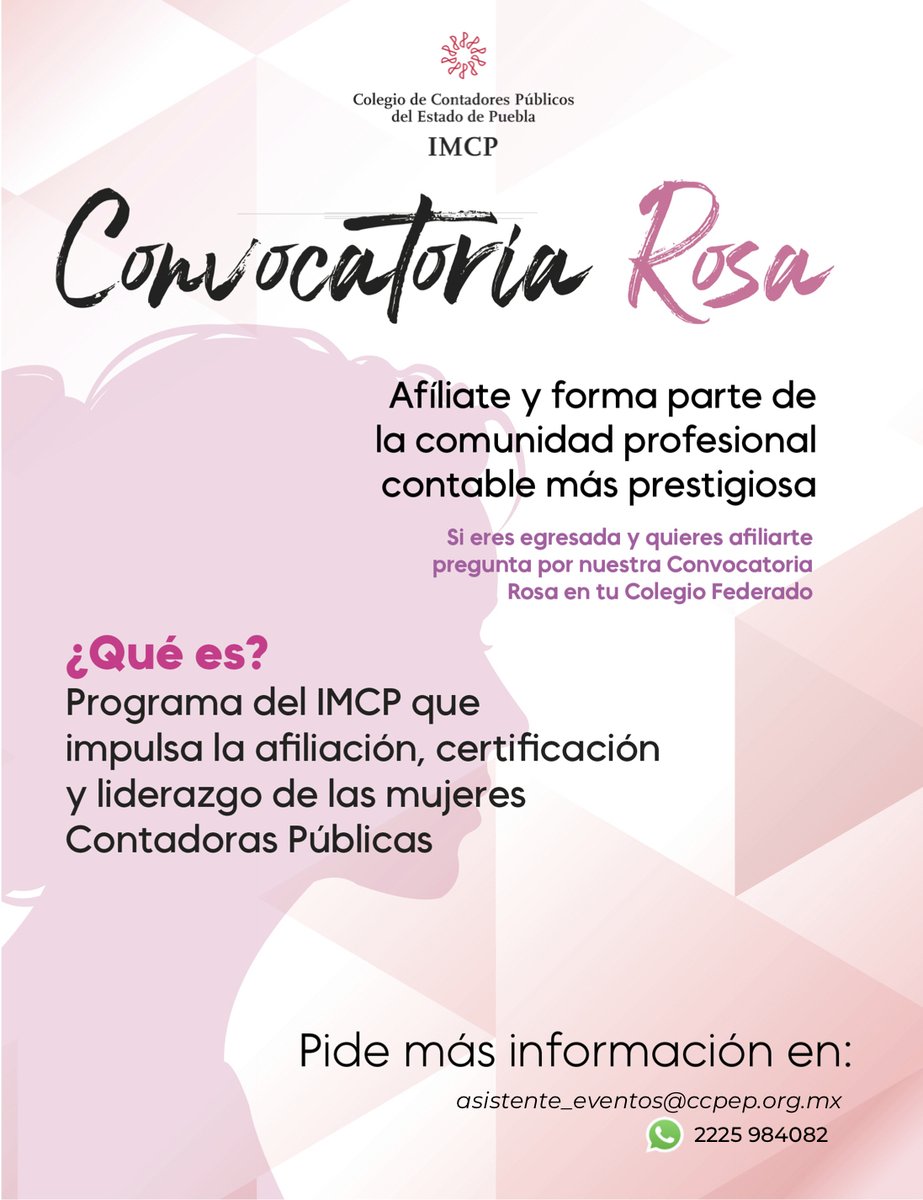 Impulsemos el liderazgo de las mujeres en el gremio.
Contadoras, está abierta la Convocatoria Rosa para formar parte de la comunidad profesional contable más prestigiosa. ¡Afíliense!
