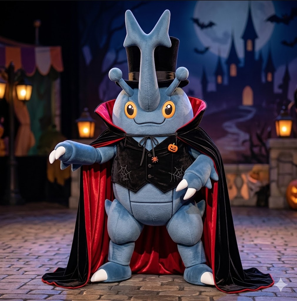 ChaoemperorC's tweet image. Andre the Heracross mascot costume, ready to greet kids in his top hat, vest, and black/red cape for Halloween!

#heracross #andre #pokemon #johto #halloween #halloween2026 #cape #vest #tophat #cloak #mascot #mascotcostume #cosplay #fursuit