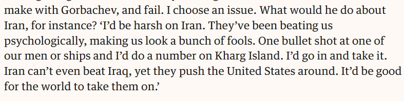 fpl_GTO's tweet photo. @LBC @lewis_goodall we all like to have a laugh at Trump; but as he mentions Kharg Island to the venerable Polly Toynbee in 1988, have to pick one of his many other ignorances to sneer at https://t.co/ylWgXEcHY2