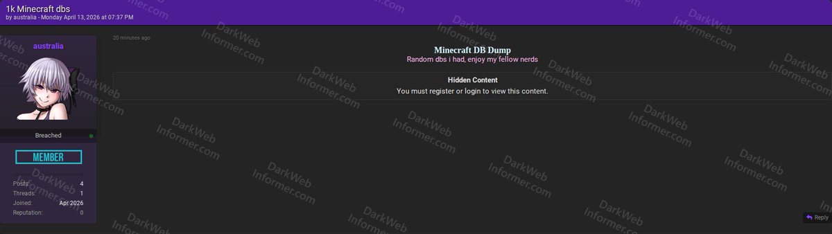 DarkWebInformer's tweet image. ‼️ Threat actor australia shared 1,000 Minecraft-related database dumps for free download.