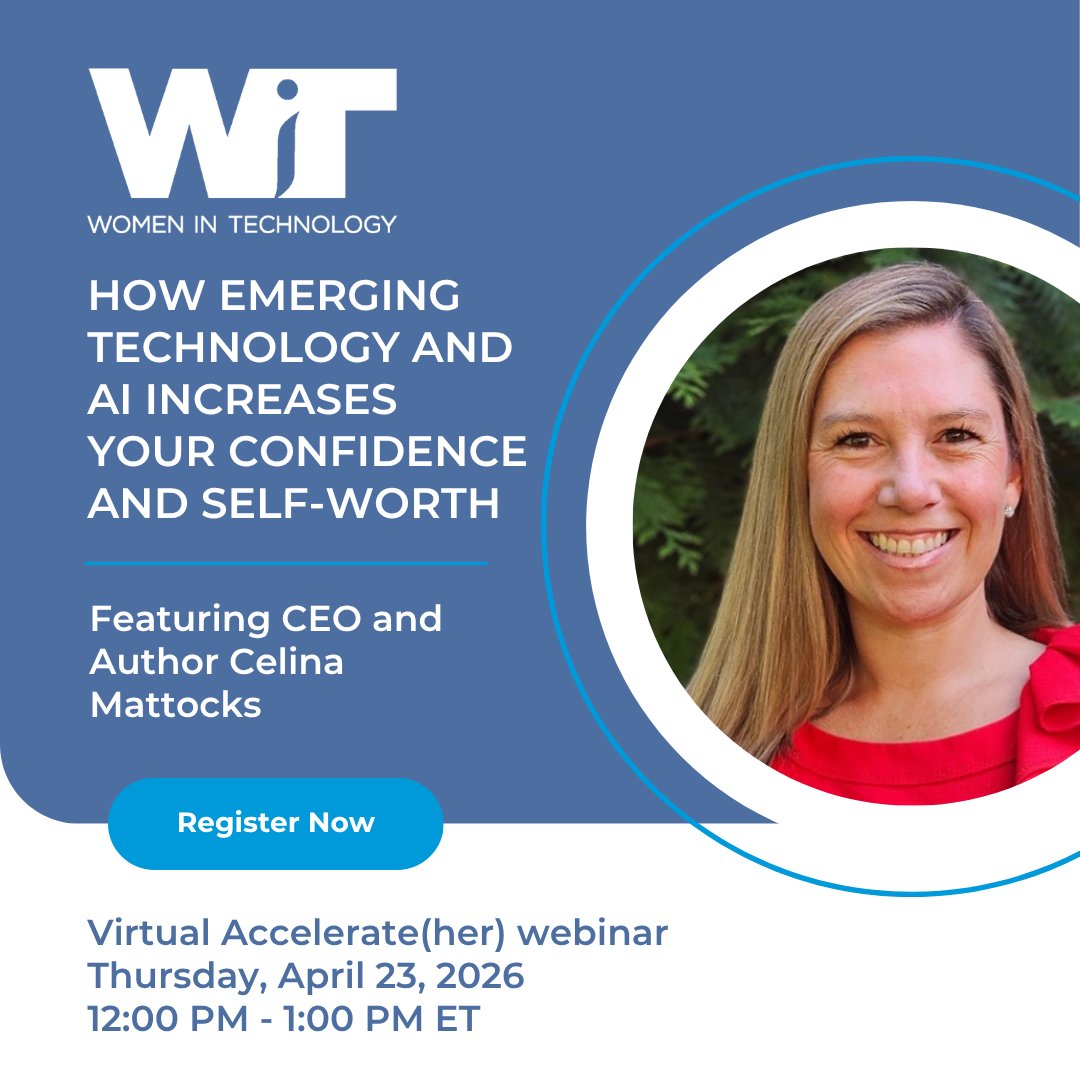 WITWomen's tweet image. Join us 4/23 for our Accelerate(her) event: How Emerging Technology and AI Can Boost Your Confidence and Self-Worth! Celina Mattocks, Founder of Lead Live Learn, will explore how we can evolve alongside emerging tech.

Register: tinyurl.com/yuj7bc8e

#WIT #AI #Accelerateher