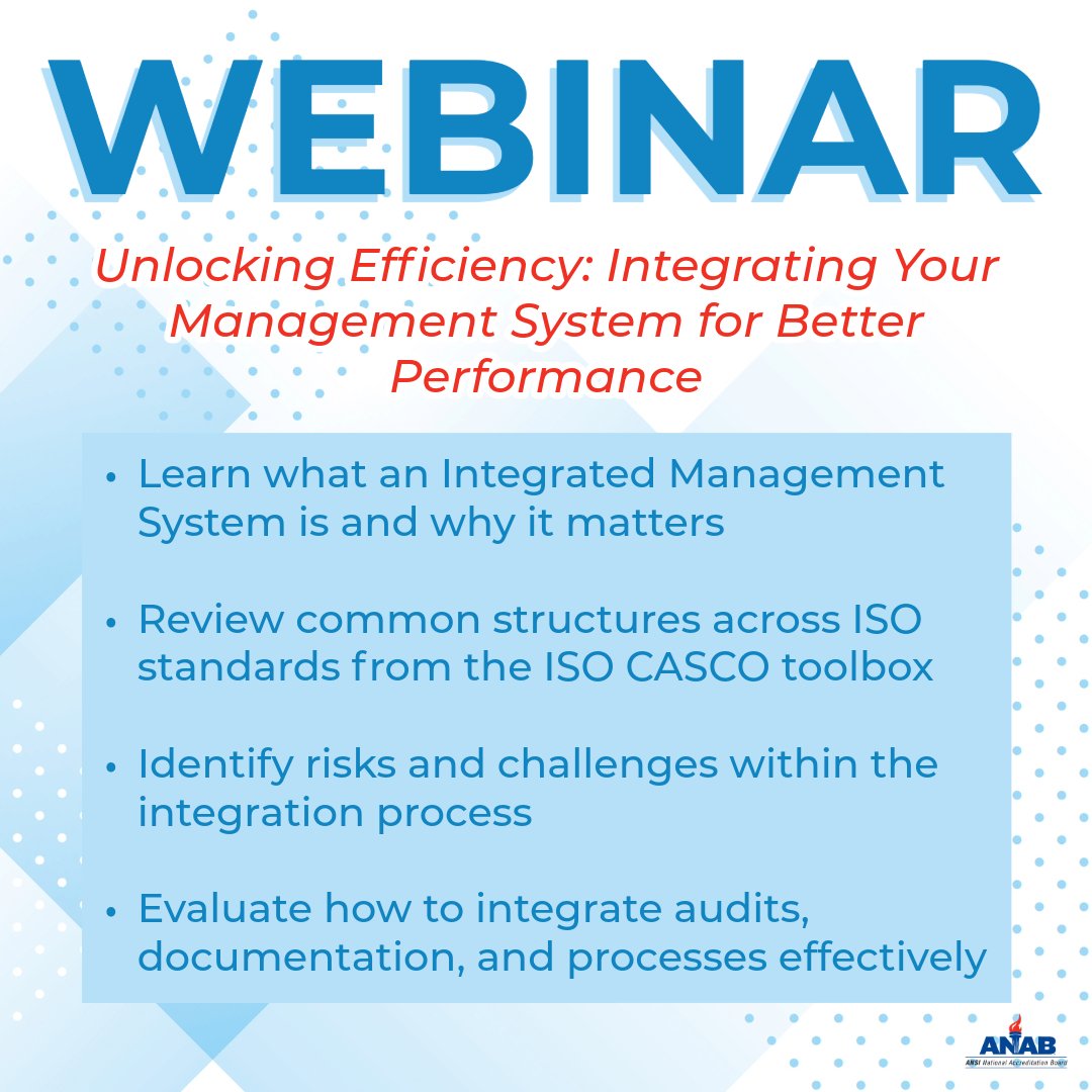 ANAB_ACCREDIT's tweet image. Join ANAB for an upcoming #Webinar about integrated management systems (IMS) and how unifying your management systems can streamline operations and enhance performance. 

📅 April 23, 2026 (This Thursday!)
🕑 2:00 PM – 3:00 PM EDT
💻 Virtual

Led by ANAB’s Technical Products
