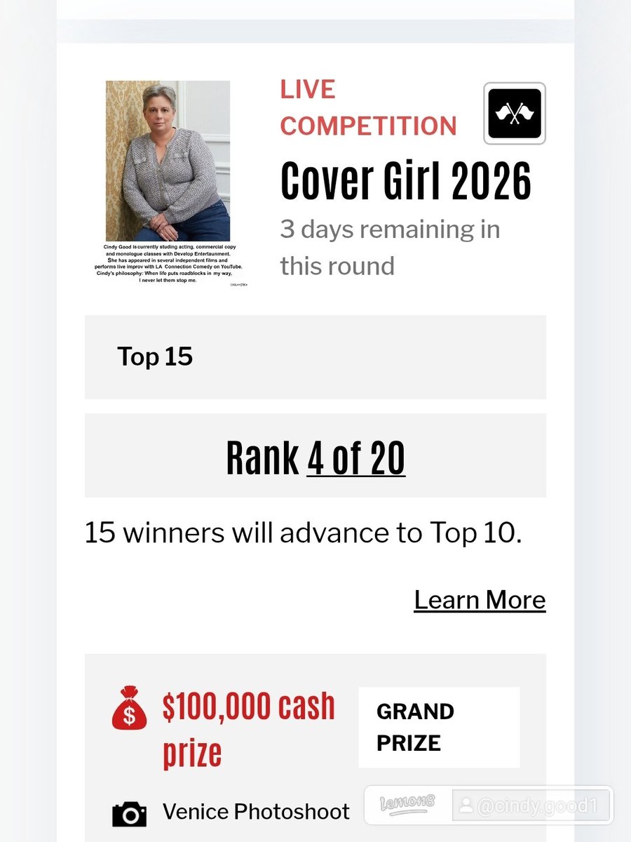 CindyGo46179729's tweet photo. Today at 10am voting begins for Supermom.  This is my 4th voting competition. 
https://t.co/4B33ktx6Vy
The Maxim votes are still going on. I need to be The Top Winner in Tokyo, The Cover Top 10, and Randa Rose Top 10 to continue to next round.
https://t.co/qf8cwMTIMy
Click vote https://t.co/2ACU9J7BVv