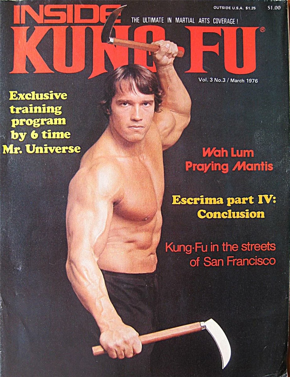 Here's something you don't see everyday - the March of 76' cover of Inside Kung Fu Magazine, with Arnie gracing the cover with a pair o Kama sickles! I'd legit like to flip through this one, just out of curiosity. They were probably like "Here pose with this cool weapon",