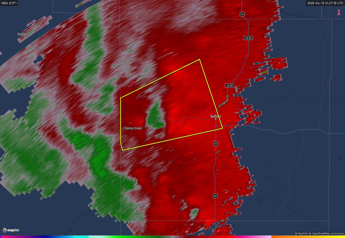 The Severe Thunderstorm in Harding County, South Dakota has 60mph winds, and quarter size hail. It also has broad rotation, but there is currently not a tornado threat. #weather #wxtwitter #wxsd #southdakota