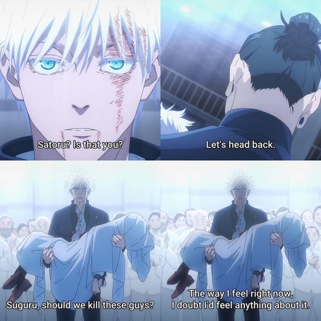 i think alot of people forget that if geto had simply said yes in this scene gojo would've gone rogue as well; there weren't as many differences between them as you think