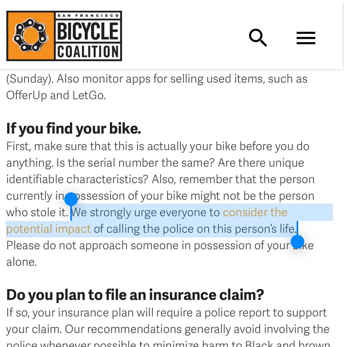 The <a href="/sfbike/">SF Bicycle Coalition</a>, which claims to be pro-biking, urges you to not call the police on people who steal your bike bc they might face consequences for crime.