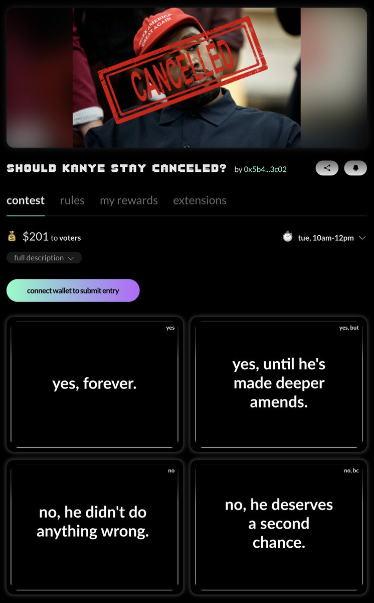 confetti_win's tweet photo. should kanye stay canceled?

you decide...and get paid for doing it. if you play well

💰$200 in seeded rewards which keep going up as people play (players made over $3,700 last week alone)

take a position:
https://t.co/AB7My1bbav