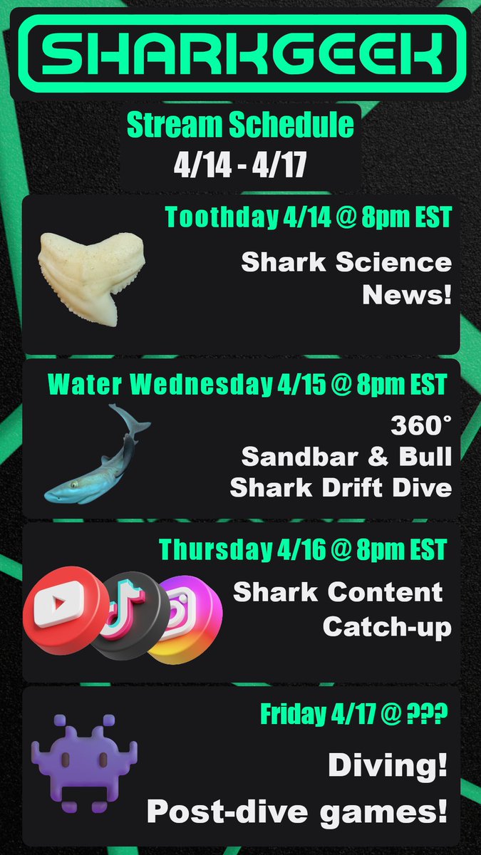 sharkg33k's tweet image. We're back this week! @Twitch stream schedule out now! Got a #shark dive Friday, so our Friday game session will depend on when I get home 🤙

Send me your craziest shark vids and we'll watch them together Thursday night!

twitch.tv/sharkg33k
