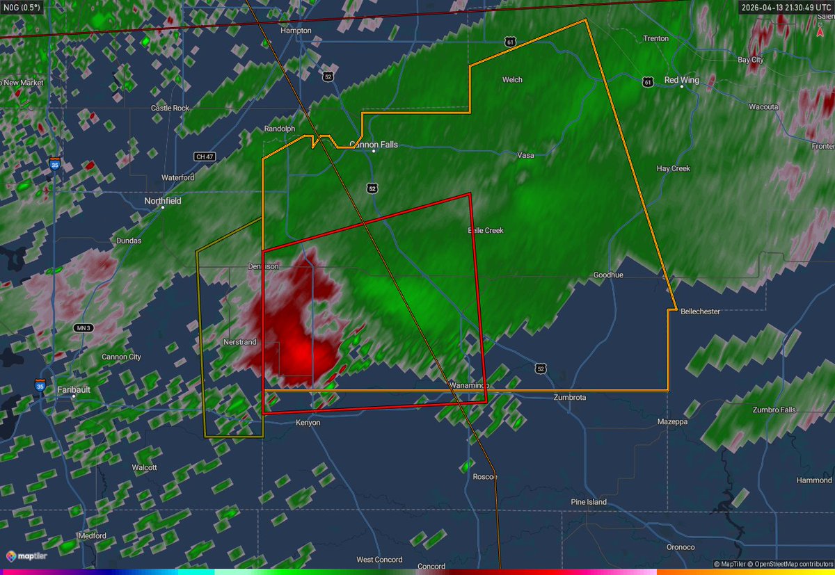 Rotation on the tornado warned storm in Goodhue County, Minnesota is strengthening. This storm is also producing baseball size hail. Seek shelter if you are in this tornado warning! #tornado #minnesota #mnwx #weather #wxtwitter