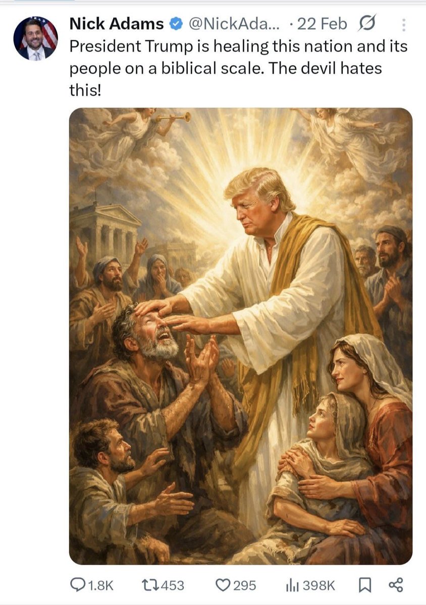 librarythingtim's tweet photo. Another of Nick Adams’ depictions of Trump, which MAGA is now saying means Trump is not Christ, but just a generic healing doctor, in white robes, with classical architecture, with people in Hollywood Middle Eastern garb, with rays of light and angels with trumpets in the sky… no not Jesus. Can’t be Jesus.