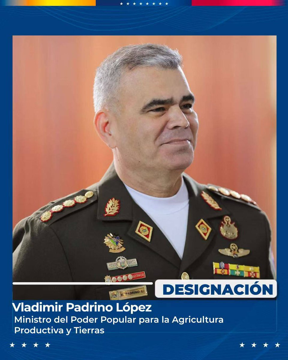 EdwardLacru's tweet photo. La presidenta encargada Delcy Rodríguez designa al GJ. Vladimir Padrino como Nuevo ministro del Poder Popular para Agricultura Productiva y Tierra en sustitución de Julio León Heredia. https://t.co/x7zrm0l71r