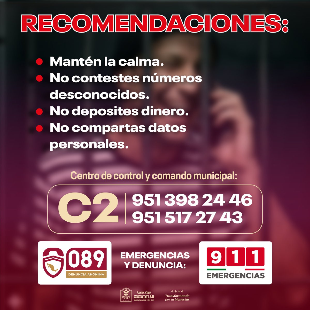 Gob_Xoxocotlan's tweet photo. 📞 La extorsión telefónica puede presentarse de distintas formas, por lo que es importante mantenerse alerta y actuar con responsabilidad.

📲 Ante cualquier llamada sospechosa, evita proporcionar información o realizar depósitos. En caso de emergencia, comunícate al 911 o al Centro de Control y Comando Municipal: 951 398 24 46 y 951 517 27 43. 🚔

#TransformandoPorTuBienestar