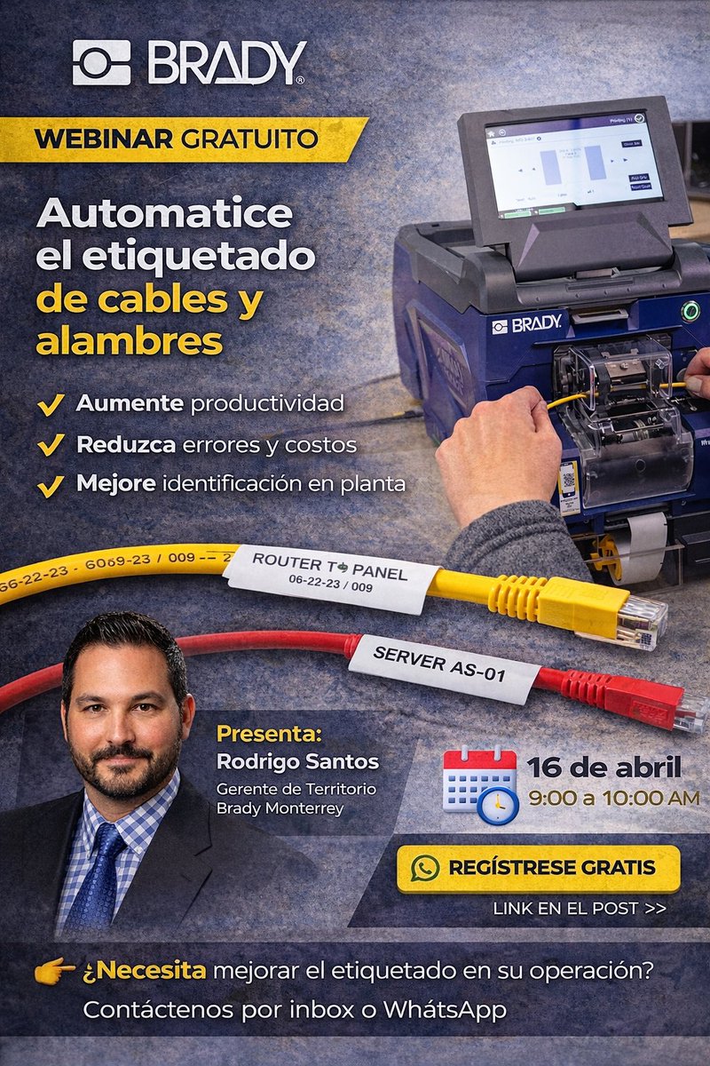 SpeedSystemOk's tweet photo. El etiquetado manual es un cuello de botella en manufactura. 🫣

En este webinar de @bradylatam verán cómo automatizar el etiquetado de cables y alambres para reducir tiempos, errores y mejorar la eficiencia.

📅 16 de abril
🕘 9:00 
👉 https://t.co/Rm7HkWFqKx https://t.co/C85snYHbMA