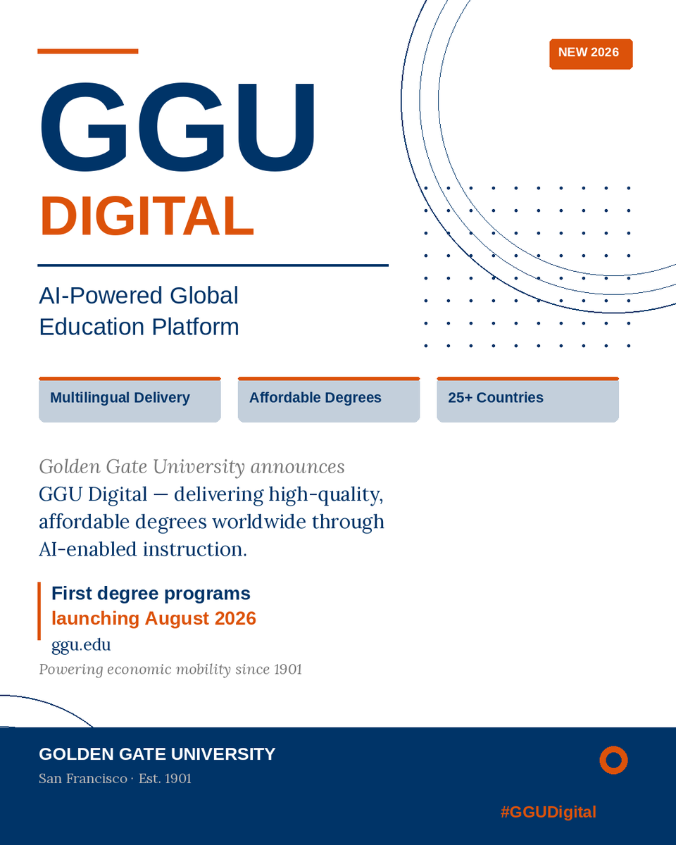 GGU's tweet photo. Introducing #GGUDigital — an AI-powered platform delivering affordable, accredited degrees across the globe, building on GGU Worldwide's 25+ country community. First programs launch August 2026. 🌍

🔗 https://t.co/ZPuht5aMQc

#GGU #AI #GlobalEducation #HigherEd https://t.co/7KMtNj5qUZ