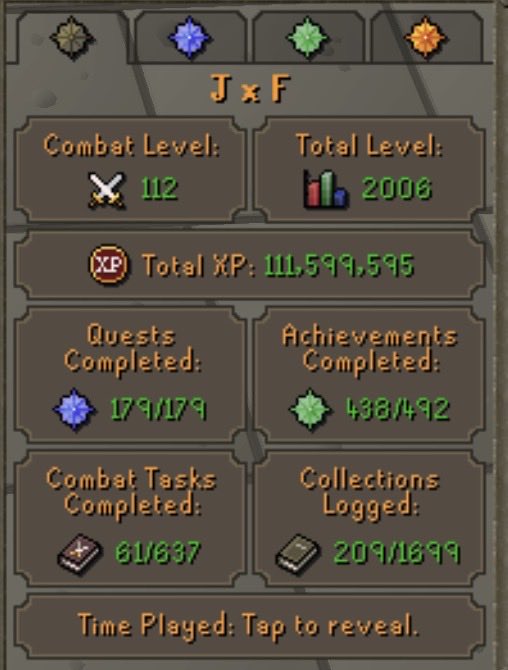 JxF_RS's tweet photo. 🎉 1yr OSRS Anniversary 🎉

Today marks the 1yr anniversary since I started playing OSRS. What a wild ride it has been, I am completely obsessed!! I look forward to many more years to come!!

Here are my achievements so far:

#OldSchool #Runescape #OSRS #RS https://t.co/lo8HwhiBpx