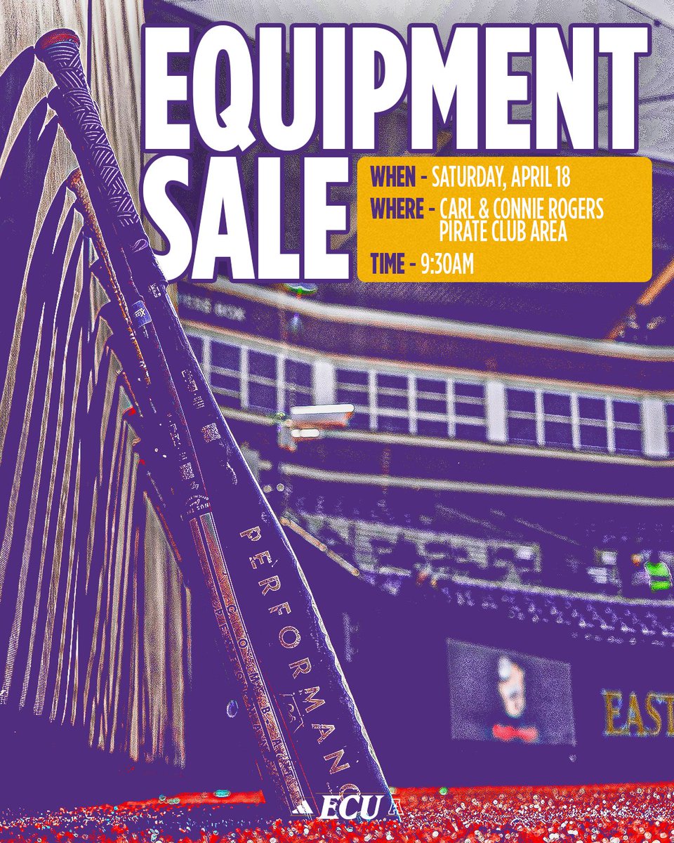 ECUAthletics's tweet photo. Can we have your attention please?

The equipment sale is back and will be held this Saturday prior to the Purple &amp; Gold Spring Game. 

Thank you 🏴‍☠️ https://t.co/jrJ3Ni2xGT