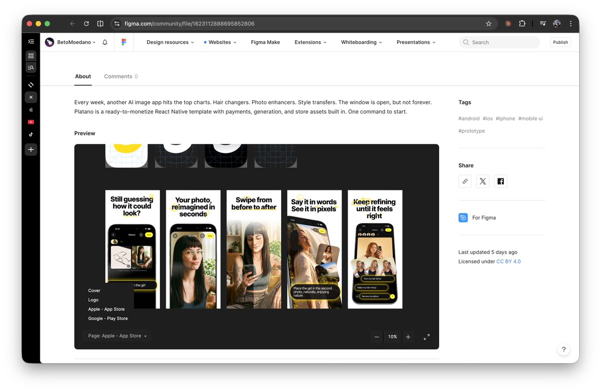 betomoedano's tweet image. App Store screenshots are one of the most annoying parts of launching an app.

So we open sourced Platano's Figma templates to help you generate professional app store assets in minutes, not days.

Grab them free 👇