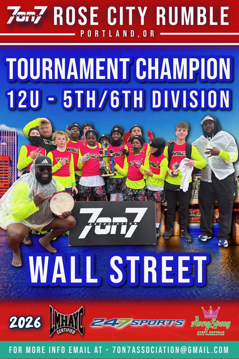The7on7NW's tweet image. Congrats To The @The7on7NW 2026 Rose City Rumble (12U) Tournament Champions - Wall Street 7v7 🔥🏈‼️ 

Way To Compete &amp;amp; Get Better This Weekend #Bravery #AveryStrong 🏆 

the7on7association.com