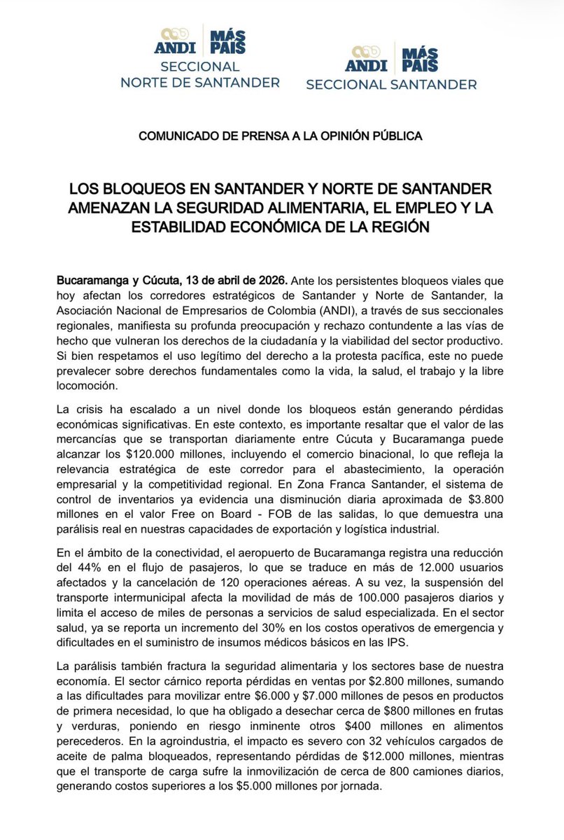 ANDI_Colombia's tweet photo. Los bloqueos en Santander y Norte de Santander amenazan la seguridad alimentaria, el empleo y la estabilidad económica de la región.
#MásPaÍSANDI https://t.co/nBuBInOwOm