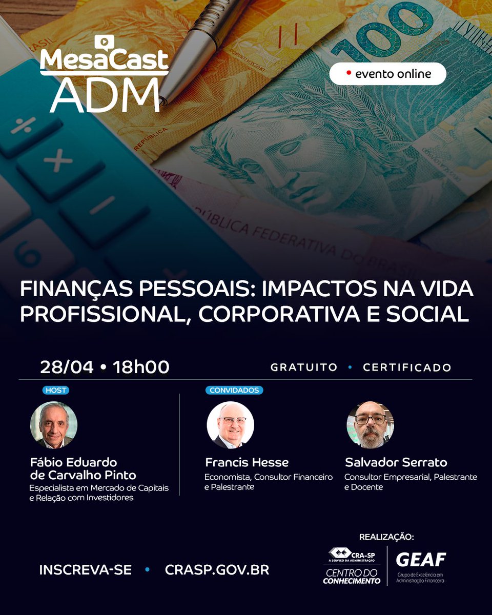 cra_sp's tweet photo. Finanças pessoais impactam carreira, trabalho, família e relações sociais. Dia 28/04, às 18h, ao vivo no YouTube saiba como decisões financeiras individuais geram reflexos na vida profissional, corporativa e social.
Inscreva-se:
https://t.co/OPaTmSrVfa https://t.co/fH5T7JQt1t