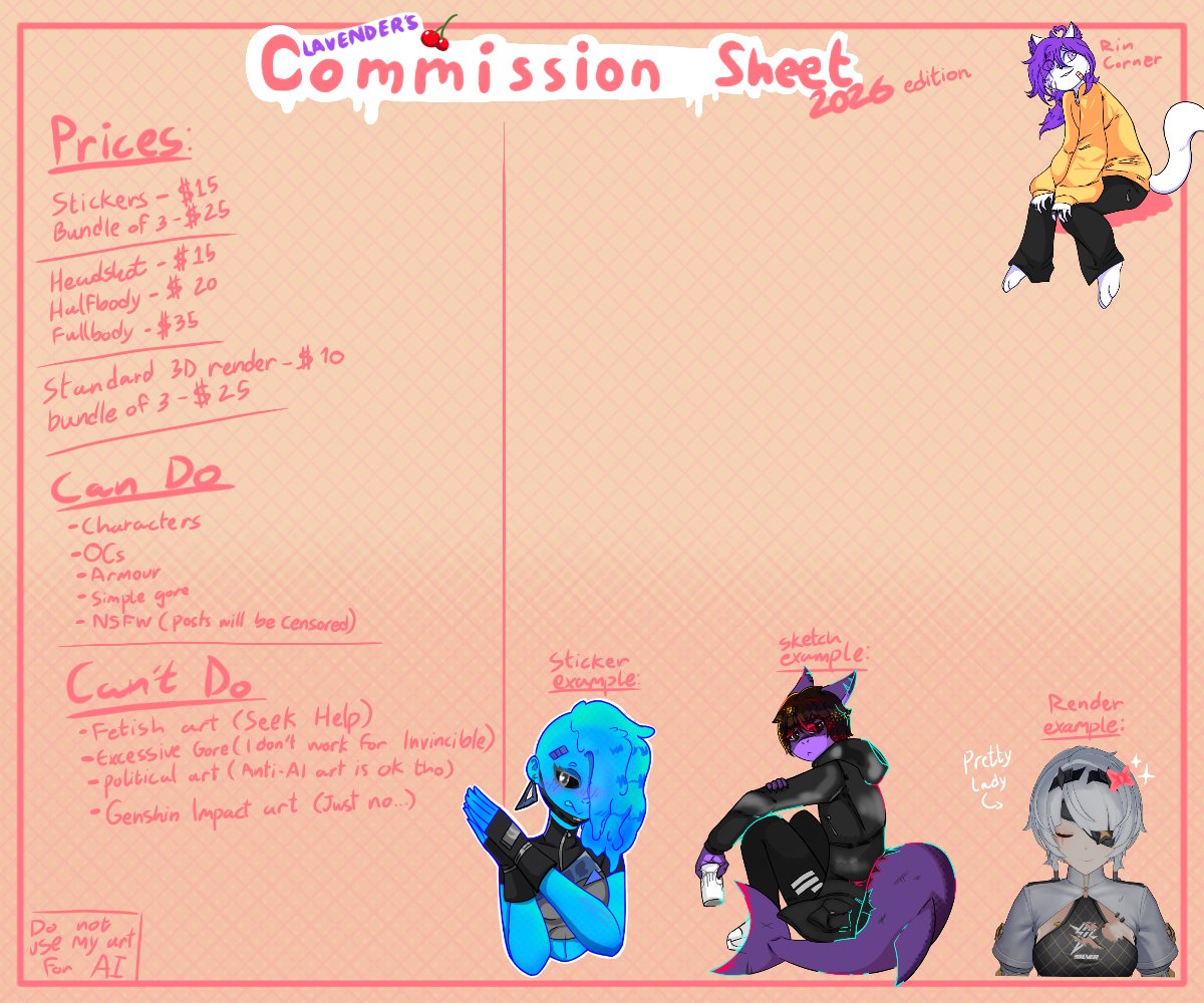 [Commission Sheet 2026]

I've got updated prices, and bundles for those who want to get their moneys worth!

(Please note that if you want specific characters in renders, you may need to provide me with a model thank you.)
#CommissionSheet #CommissionsOpen #rkgk